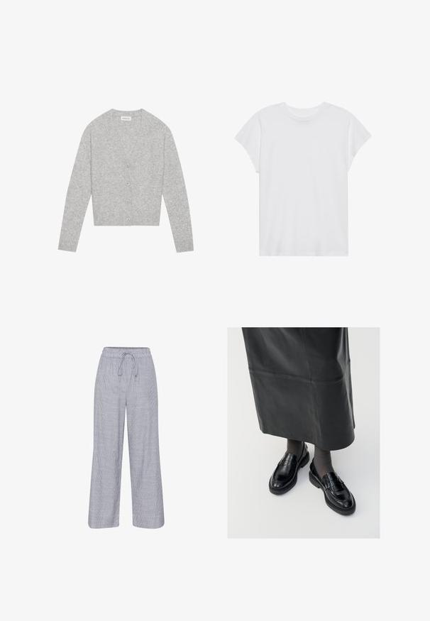 Grau cardigan aus weichem Material, mit V-Ausschnitt, fünf Knöpfen auf der Vorderseite und gerippten Bündchen und Saum.; Weißes kurzärmliges T-Shirt mit Rundhalsausschnitt, lockerer Passform, aus weichem Baumwollstoff. Glatte Textur, keine Muster oder Logos.; Grau-weiße gestreifte, weit geschnittene Hose mit elastischem Bund und Kordelzug. Leichtes Material mit lässiger Passform.; Schwarze Lederloafers mit glatter Oberfläche, verziert mit einem dekorativen Riemen, runder Zehenpartie und texturierten Sohlen. Getragen mit einem langen schwarzen Lederrock.