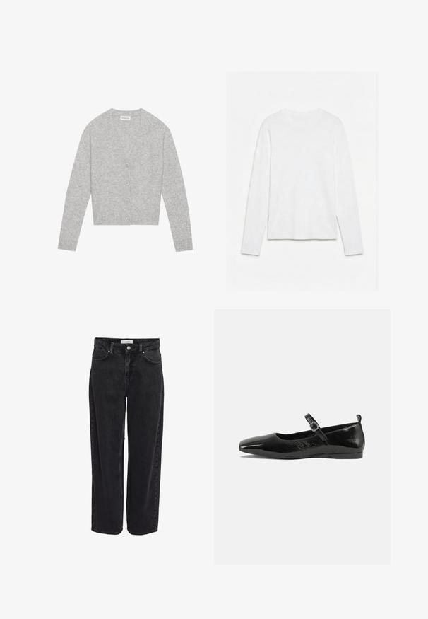 Cardigan gris en matière douce, avec un col en V, cinq boutons sur le devant et des poignets et un ourlet côtelés.; T-shirt blanc uni à manches longues et col rond, posé à plat sur une surface blanche, montrant l'avant et la longueur complète des manches.; Jean en denim noir taille haute, coupe large, avec cinq poches et fermeture éclair. Texture lisse avec détails de couture minimaux visibles.; Chaussure plate en cuir verni noir avec un bout pointu, une sangle de cheville avec boucles, et une texture lisse et brillante. Talon bas pour le confort.