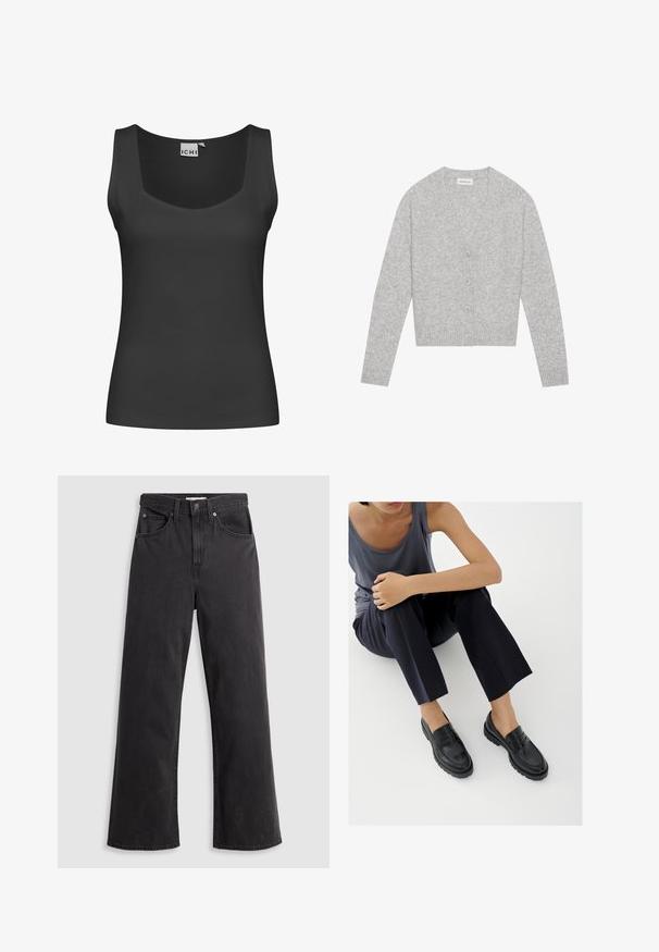 Cárdigan gris hecho de material suave, con escote en V, cinco botones en el frente y puños y dobladillo acanalados.; Camiseta sin mangas negra con escote cuadrado y textura acanalada. Diseño simple sin adornos ni patrones.; Jeans de mezclilla negra de pierna ancha con cintura alta, cinco bolsillos y cierre de botón metálico. La tela tiene una textura suave y ligeramente desvaída.; Mocasines de cuero negro con detalles texturizados, tacón bajo, puntera redonda y costuras visibles. Modelo vistiendo pantalones oscuros y una blusa gris.