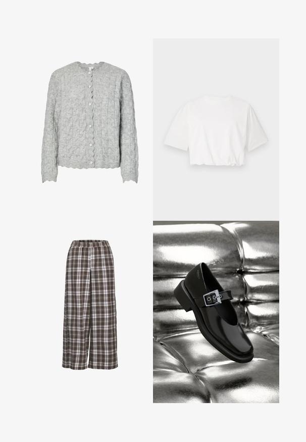 Lysegrå strikket cardigan med tekstureret mønster, bølget halsudskæring og seks sølvknapper ned foran. Lange ærmer.; Hvid kortærmet t-shirt med puffærmer, rund halsudskæring og samlet nederste kant, lavet af blødt bomuldsstof.; Bredder bukser med ruder i brune, hvide og grå nuancer; elastisk talje; blødt stof; har et klassisk ternet mønster.; Sorte læder Mary Jane sko med firkantet tå, en sølv spænde accent og en chunky lav hæl, sat mod en glansfuld sølv baggrund.