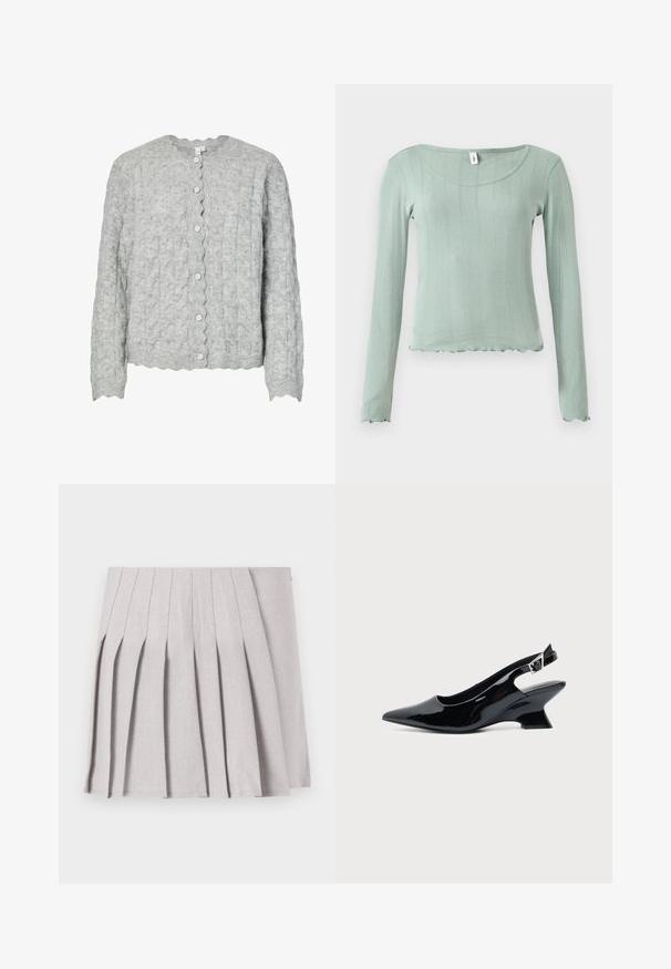 Lysegrå strikket cardigan med tekstureret mønster, bølget halsudskæring og seks sølvknapper ned foran. Lange ærmer.; Lysegrøn bluse med lange ærmer, ribbet tekstur, rund halsudskæring og bølget kant. Fremstillet af blødt materiale, der fremhæver en figursyet silhuet.; Grå plisseret nederdel med en glat tekstur, der har flere lodrette folder og en tætsiddende talje. Fremstillet af letvægtsstof.; Sort laklæder slingback sko med spids tå og lav vinklet blokhæl på ensartet lys baggrund.