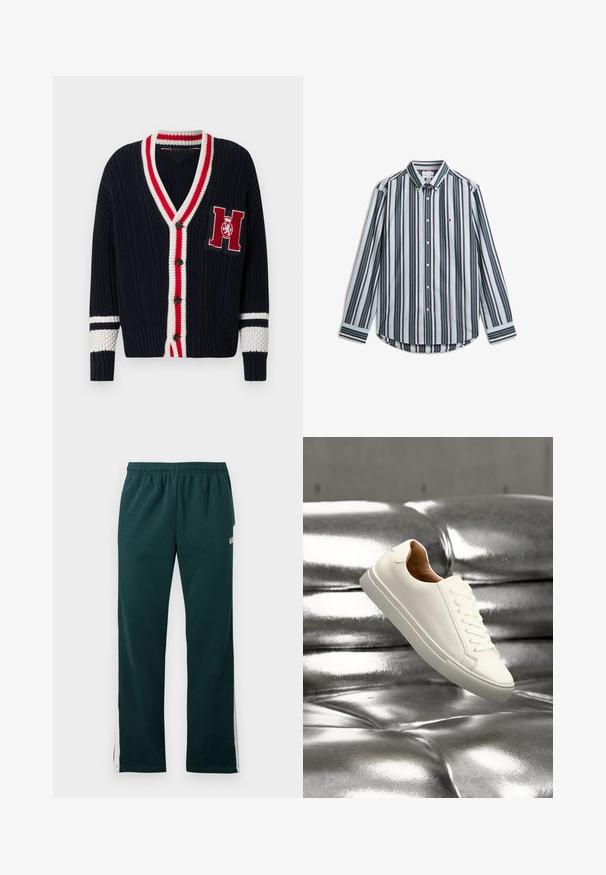 Marineblå strikket cardigan med V-hals, rød og hvid stribet kant, knaplukning og et broderet bogstav "H" på brystet.; Langærmet skjorte med knapper og lodrette sorte, hvide og grønne striber samt et lille logo på venstre bryst.; Mørkegrønne sweatpants med elastisk hænger og hvide striber, der løber ned ad ydersiden af benene.; Hvid lavtop-sneaker, der svæver over en skinnende sølv tuftet læderoverflade.