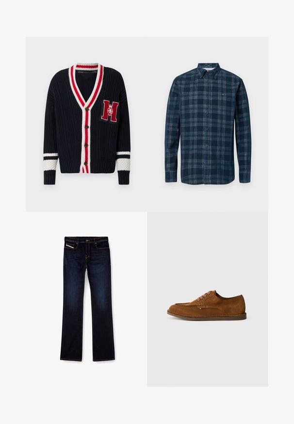 Cárdigan de punto azul marino con cuello en V, ribete a rayas rojo y blanco, cierre de botones y una letra "H" bordada en el pecho.; Camisa de cuadros azul marino con mangas largas, cuello abotonado, que presenta diferentes tonos de cuadros azules y rojos, hecha de suave tela de algodón.; Jeans de mezclilla de color azul oscuro con corte recto, con costuras naranjas, cremallera en la bragueta y bolsillos delanteros. Textura suave y cinturilla estándar.; Zapato de ante marrón con punta redondeada, costuras decorativas y seis ojales para cordones en contraste. Suela plana y diseño minimalista.
