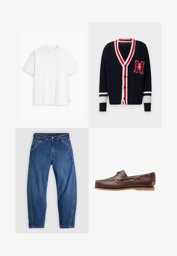 Gilet en maille bleu marine avec un col en V, un bordure rayée rouge et blanche, une fermeture à boutons et une lettre "H" brodée sur la poitrine.; T-shirt en coton blanc à manches courtes, col rond, avec un logo "Levi's" discret imprimé en couleur claire sur le devant.; Jean en denim bleu à coupe décontractée, doté d'une fermeture à boutons, de cinq poches et de surpiqûres orange contrastantes. Texture lisse sur toute la surface.; Chaussure bateau en cuir marron avec coutures blanches, détails de lacets et semelle en caoutchouc beige, vue de côté sur fond blanc.