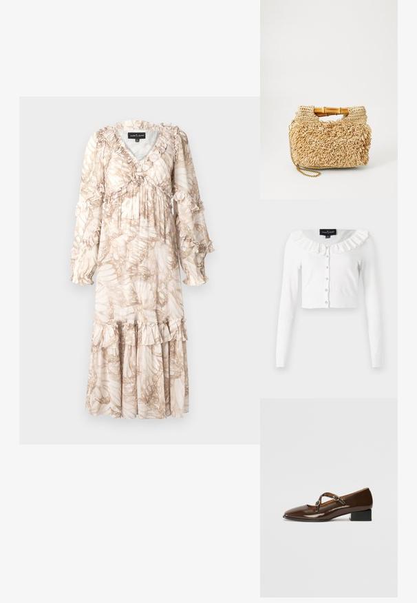 Hvid cropped cardigan lavet af blødt stof, med lange ærmer, en flæset halsudskæring og en række dekorative knapper.; Lang, flydende kjole i lys beige med et bladmønster. Har flæsekanter på ærmerne og kanten. Lavet af et let stof.; Brune patentlæder Mary Jane sko med firkantet tå, to justerbare stropper prydet med runde metalspænder og en lav blokhæl.; Vævet strohåndtaske med bambushåndtag, der har et tekstureret fringedesign i naturlig beige og en guldkædesnor.