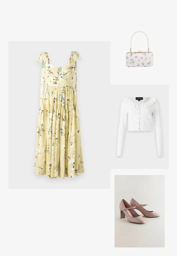 Hvid cropped cardigan lavet af blødt stof, med lange ærmer, en flæset halsudskæring og en række dekorative knapper.; Gul midi kjole med hvidt og grønt blomsterprint, lagdelt nederdel og bundet skulderremme på en ensfarvet baggrund.; Lyserøde læder højhælede sko med spidse tæer, blonder langs åbningen og en bred ankelrem med en metallisk spænde.; Hvid rektangulær clutch med blåt blomsterprint og perlebehandlet håndtag med guldfarvet hardware og lås.