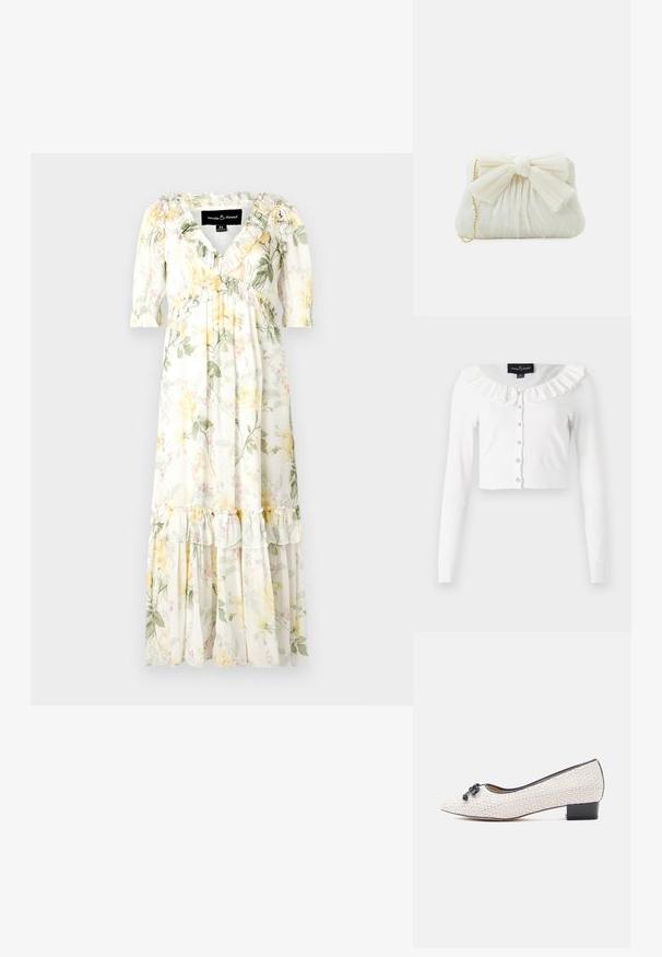 Hvid cropped cardigan lavet af blødt stof, med lange ærmer, en flæset halsudskæring og en række dekorative knapper.; Blomstrete maxikjole i blød, letvægtsstof. Har en hvid bund med gule og grønne mønstre, flæser på ærmerne og et lagdelt bund.; Vævede hvide ballerinaer i læder med spids tå, sort kant og en lille blokhæl. Har en dekorativ sløjfe foran.; Hvid plisseret clutch-taske med en fremtrædende sløjfedetalje og en guldkædetras. Blød tekstur med et samlet design på forsiden.