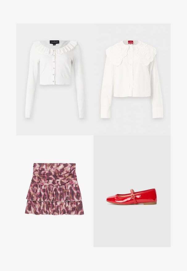 Hvid cropped cardigan lavet af blødt stof, med lange ærmer, en flæset halsudskæring og en række dekorative knapper.; Hvid langærmet bluse med stor bølget broderet krave og knaplukning foran, vist på ensfarvet baggrund.; Rynket mini nederdel i pink og beige dyreprint, med en flæsekant og glat tekstur. Fremstillet af let, flydende stof.; Røde lakerede fladskodder med firkantet tå, et lille spænde hen over vristen og en flad gummisål.