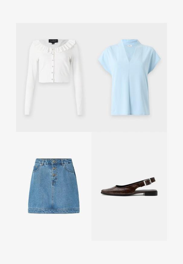 Hvid cropped cardigan lavet af blødt stof, med lange ærmer, en flæset halsudskæring og en række dekorative knapper.; Lyseblå bluse med korte ærmer, dyb V-hals og løs pasform, lavet af glat stof, med en lille indvendig etiket i nakken på bagsiden.; Lysblå denimnederdel med en lige pasform, frontknaplukning med metalliske detaljer, to sidelommer og en syet kant.; Mørkebrun læderslingback flad sko med firkantet tå, krokodille tekstur og sølvspænde på remmen.