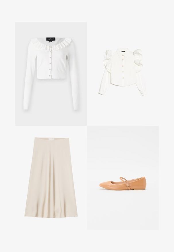 Cardigan blanc court en tissu doux, avec des manches longues, un col volanté et une rangée de boutons décoratifs.; Blouse blanche à manches longues avec manches bouffantes, col classique, fermeture à boutons sur le devant et discrètes décorations florales sur les boutons. Tissu à texture lisse.; Une jupe crème, à longueur de genoux, fabriquée en tissu lisse avec un design évasé et une large taille. Pas de motifs ou d'ornements présents.; Ballerines en cuir nues avec un bout pointu, une sangle extérieure et un détail en métal rond. Texture lisse et design minimaliste.