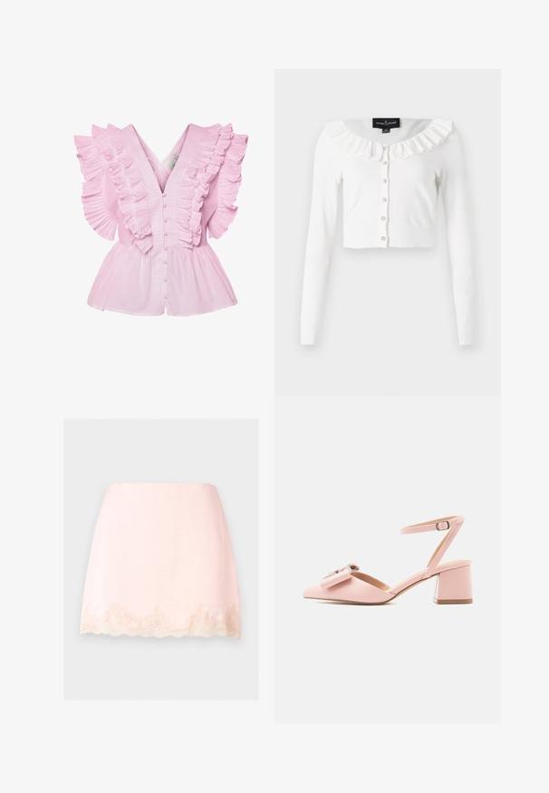 Hvid cropped cardigan lavet af blødt stof, med lange ærmer, en flæset halsudskæring og en række dekorative knapper.; Lyserød bluse med flæsekantede ærmer og V-udskæring. Den har knaplukning foran og en tætsiddende bodice, der udvides til en peplum-stil.; Lyserød mininederdel med bølget blondekant ved kanten, glat stof og rent, enkelt design mod en ensfarvet baggrund.; Lyserød sko med mellemhøj hæl, ankelrem, spids tå, dekorativ sløjfe og spænde på en ensartet lys baggrund.
