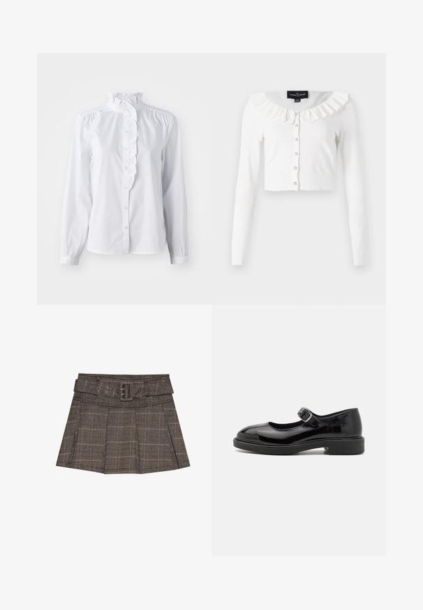 Hvid cropped cardigan lavet af blødt stof, med lange ærmer, en flæset halsudskæring og en række dekorative knapper.; Hvid skjorte med lange ærmer, flæset høj krave og lodret flæseaccent foran. Letvægts bomuldsstof.; Rutet mini nederdel i sort, brun og beige. Har en bælteforstærket talje, plisseringer og et struktureret stof med et geometrisk mønster.; Sorte patentlæder Mary Jane-sko med rund tå, justerbar spænde, lav blokhælhæl og glat, blank finish.