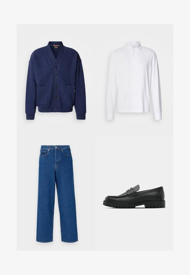 Scotch & Soda LOOSE FIT BUTTON DOWN - Kardigán - peacoat; Biely dlhý rukáv polo tričko s golierom a dvoma gombíkmi, vystavené na svetlošedom pozadí.; Široké modré džínsy vyrobené z denimu, s vysokým pásom, piatimi vreckami a kontrastným prešívaním pozdĺž švov a vreciek.; Čierne kožené mokasíny s okrúhlou špičkou, s prešitým dizajnom, nízkou platformou a textúrovanou, zúbkovanou gumovou podrážkou.