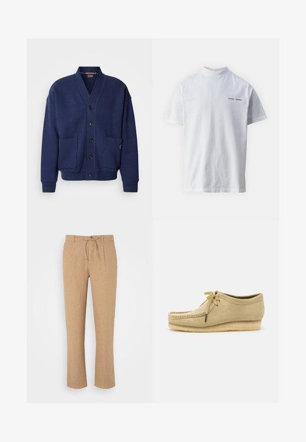 Scotch & Soda LOOSE FIT BUTTON DOWN - Kardigán - peacoat; Biely bavlnený tričko s vysokým výstrihom a krátkymi rukávmi. Na prednej strane sa nachádza logo "SAMSØE SAMSØE" v čiernej farbe. Hladká textúra.; Bežové ľanové nohavice s rovnou nohavicou, s pásom na šnúrku a jemne textúrovaným povrchom. Predné záhyby pridávajú detail k klasickému štýlu.; Bežové semišové topánky s dizajnom na šnurovanie, prešívaním a gumovou podrážkou. Tvar je neformálny s mierne vyvýšeným opätkom.