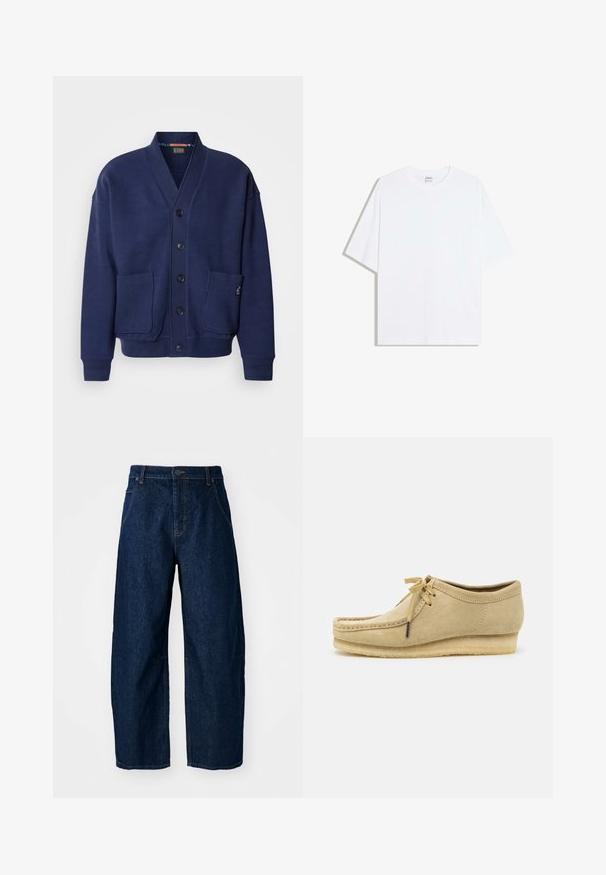 Scotch & Soda LOOSE FIT BUTTON DOWN - Strickjacke - peacoat; Weißes, übergroßes Baumwoll-T-Shirt mit rundem Ausschnitt und kurzen Ärmeln; glatte Textur, keine sichtbaren Muster oder Akzente.; Hellebeine Jeans aus dunklem Denim mit hoher Taille, fünf Taschen, vorderem Knopfverschluss und sichtbaren Nähten.; Beige Wildlederschuh mit Schnürdesign, gestickten Details und Gummisohle. Die Form ist lässig mit einem leichten Keilabsatz.