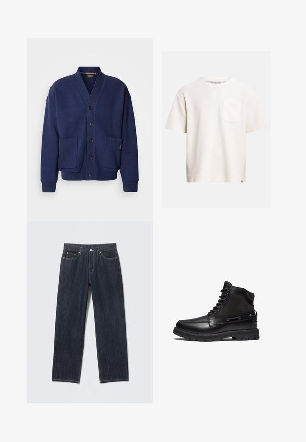 Scotch & Soda LOOSE FIT BUTTON DOWN - Cardigan - peacoat; Hvid, kortærmet T-shirt med struktur, rund hals og brystlomme på venstre side, bomuldsstof.; Mørkeblå denimjeans med en lige pasform, bæltestropper, for- og baglommer samt kontrasterende syninger. Ingen synlige mønstre eller pynt.; Timberland BRITTON ROAD EYE MOC-TOE - Snørestøvletter - black