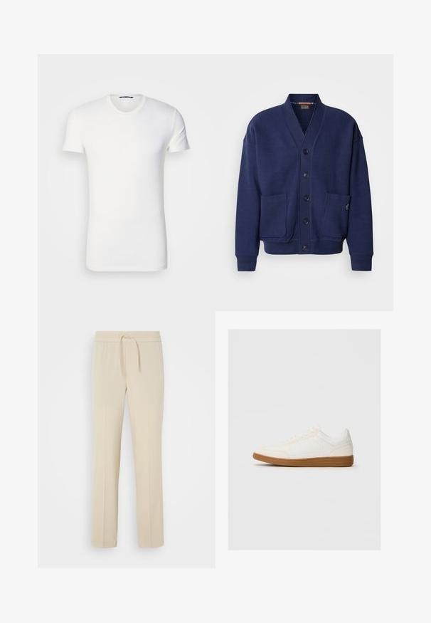 Scotch & Soda LOOSE FIT BUTTON DOWN - Cardigan - peacoat; Hvid bomulds T-shirt med korte ærmer, rund halsudskæring og broderet logo på brystet. Glat tekstur og tætsiddende design.; Beige, elastisk taljebukser med snoretræk. Har lige ben og en glat tekstur, velegnet til afslappet brug eller afslapning.; Hvide sneakers med en ruskind tåspids, glat syntetisk overdel og tan gummisål. Har perforeringer på siderne for åndbarhed.
