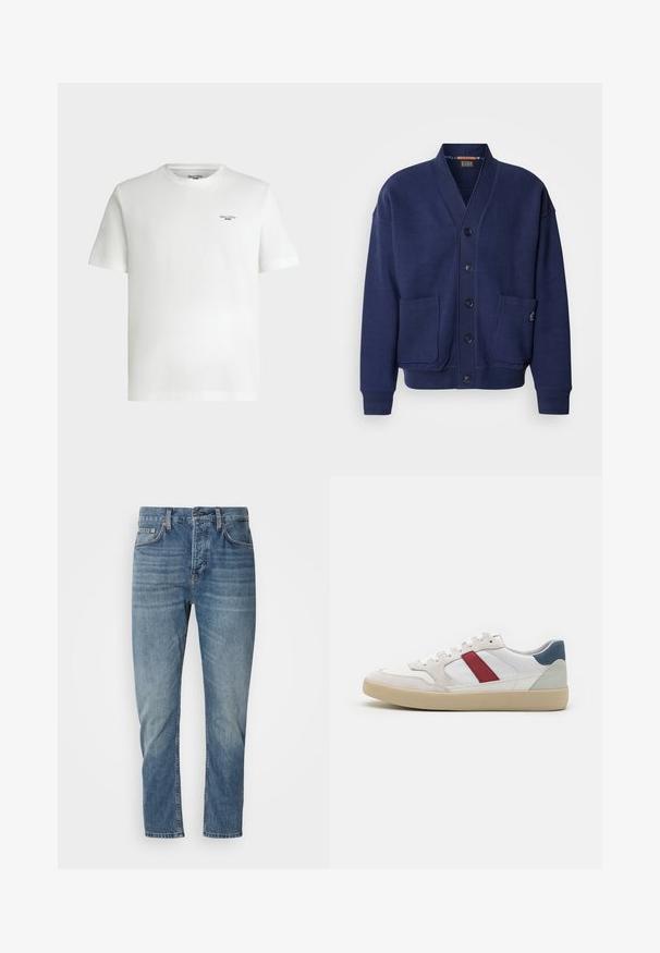 Scotch & Soda LOOSE FIT BUTTON DOWN - Chaqueta de punto - peacoat; Camiseta blanca de manga corta con cuello redondo y pequeño logotipo de texto negro «Marc O'Polo DENIM» en la parte superior izquierda del pecho.; Jeans de denim azul con corte recto, con un acabado desgastado, cinco bolsillos y detalles metálicos en la cintura y los bolsillos.; Zapatillas blancas con una franja roja y acentos en gris claro. Confeccionadas en cuero y gamuza con una suela de goma. Diseño de bajo corte.