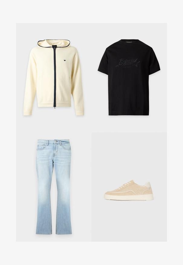 Sweat à capuche crème zippé avec fermeture éclair bleu marine et bordure, manches longues, capuche et petit logo sur la poitrine à gauche.; T-shirt noir à manches courtes avec un logo Emporio Armani Music District noir brodé subtilement et une étoile sur la poitrine.; Jean évasé bleu clair en denim. Comprend cinq poches, une fermeture à bouton et fermeture éclair, avec un effet délavé vers l'ourlet.; Baskets en daim beige avec semelle et lacets blancs, design basse, et motif de semelle en zigzag.