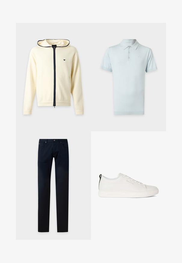 Sudadera con capucha crema con cremallera azul marino y ribete, mangas largas, capucha y pequeño logo en el pecho en el lado izquierdo.; Polo de manga corta azul claro con tres botones y cuello, mostrado sobre un fondo blanco.; Pantalones azul marino oscuro de corte ajustado, con bolsillos delanteros, trabillas para cinturón y cierre de botón en la cintura, mostrados planos sobre un fondo claro.; Zapatilla de cuero blanca con puntera redondeada, suela de goma plana y costuras en tono. Presenta un cierre con cordones en la parte delantera y una lengüeta en el talón de color negro.