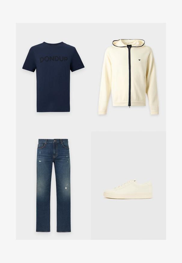 Sweat à capuche crème zippé avec fermeture éclair bleu marine et bordure, manches longues, capuche et petit logo sur la poitrine à gauche.; T-shirt bleu marine à manches courtes et col rond avec l'inscription "DONDUP" en lettres légèrement plus foncées sur la poitrine.; Jean en denim bleu avec une coupe droite, présentant un léger effet usé et décoloré, cinq poches et une fermeture par bouton à la taille.; Baskets couleur crème avec une tige en cuir lisse, bout arrondi, laçage à l'avant et semelle en caoutchouc texturée. Design minimaliste, sans logo.
