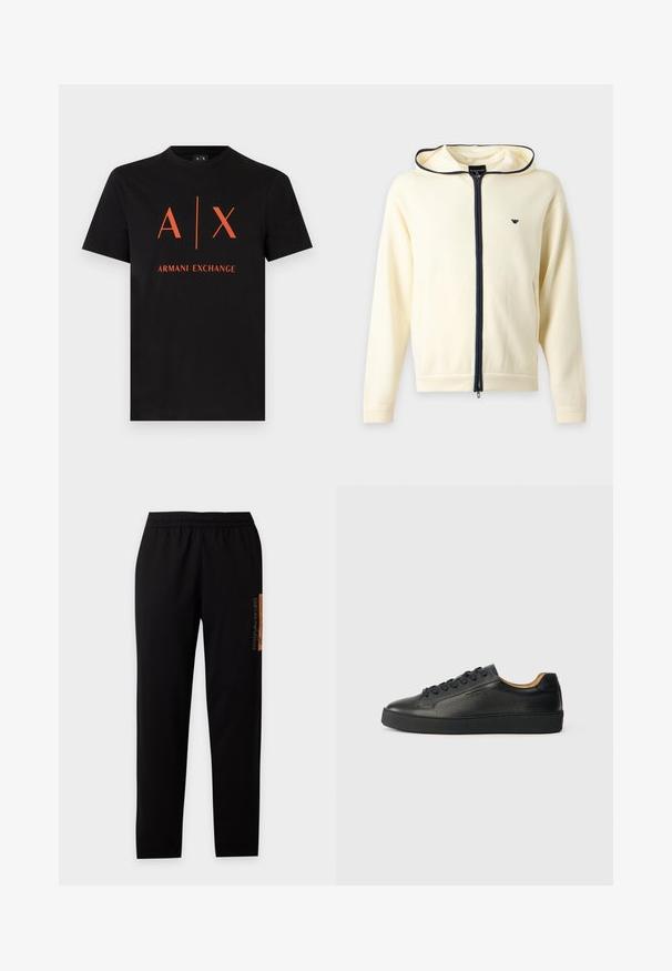 Sweat à capuche crème zippé avec fermeture éclair bleu marine et bordure, manches longues, capuche et petit logo sur la poitrine à gauche.; T-shirt noir à manches courtes avec col rond, grand logo orange "A | X" et texte "Armani Exchange" centrés sur le devant.; Pantalon de survêtement noir à taille élastique, jambes droites et logo Emporio Armani marron sur la cuisse droite en haut.; Baskets basses en cuir noir avec surface texturée, lacets noirs et semelle en caoutchouc épaisse, présentées de côté sur un fond clair.