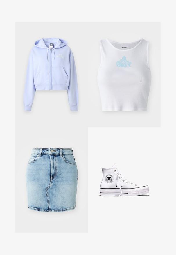 Hellviolette kurze Kapuzenjacke mit Frontreißverschluss, Kängurutaschen, Kordelzug an der Kapuze und kleinem "New Balance"-Logo auf der linken Brust.; Weißes, geripptes Crop-Top mit Rundhalsausschnitt und einem hellblauen "OBEY"-Logo, das zentral auf der Brust platziert ist. Glatte Textur und taillierte Passform.; Hellblaues Jeansrock mit einer taillierten Form, fünf Taschen, einem Knopf- und Reißverschluss sowie genähten Details am Saum.; Weißer Converse Chuck Taylor All Star High-Top-Sneaker mit schwarzen Streifen und Logo-Patch an der Seite, präsentiert vor einem schlichten weißen Hintergrund.