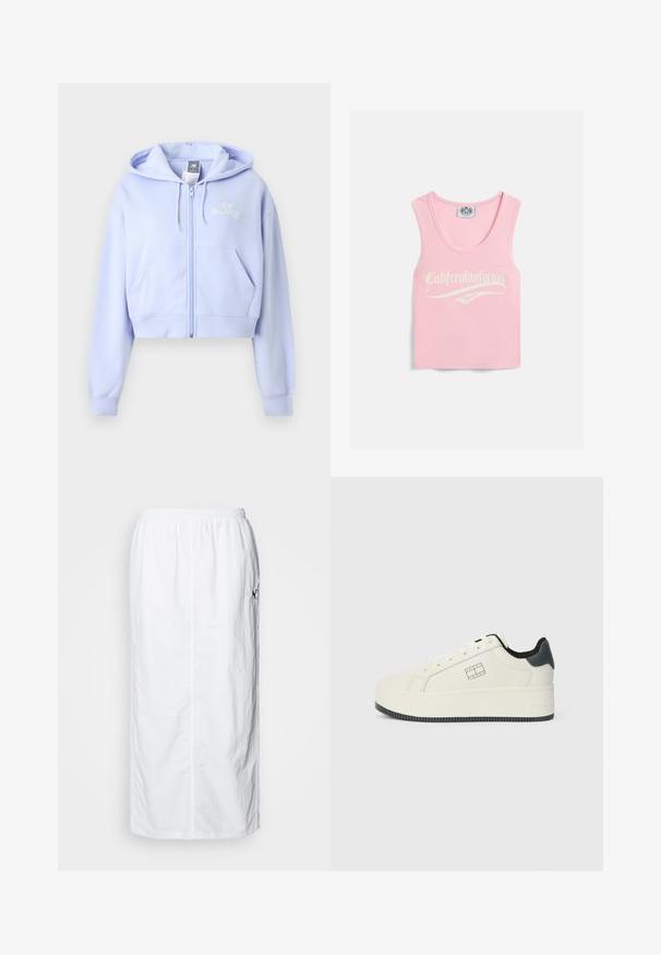 Helelilla lühike kapuutsiga dressipluus esikäepidemete, kapuutsi nööride ja vasakul rinnal väikese "New Balance" logoga.; Roosa soonikuga linane t-särk ümmarguse kaelusega, mille ees on valged kirjad "Califreakinfornia Juicy".; Valge midi seelik elastse vööga, sile tekstuur, sirge lõikega ning diskreetse küljetasku detailiga.; Valged sneaksid, millel on veidi kõrgendatud platvorm, sile tekstuur, mustad aktsendid kandadel ja logo küljes.
