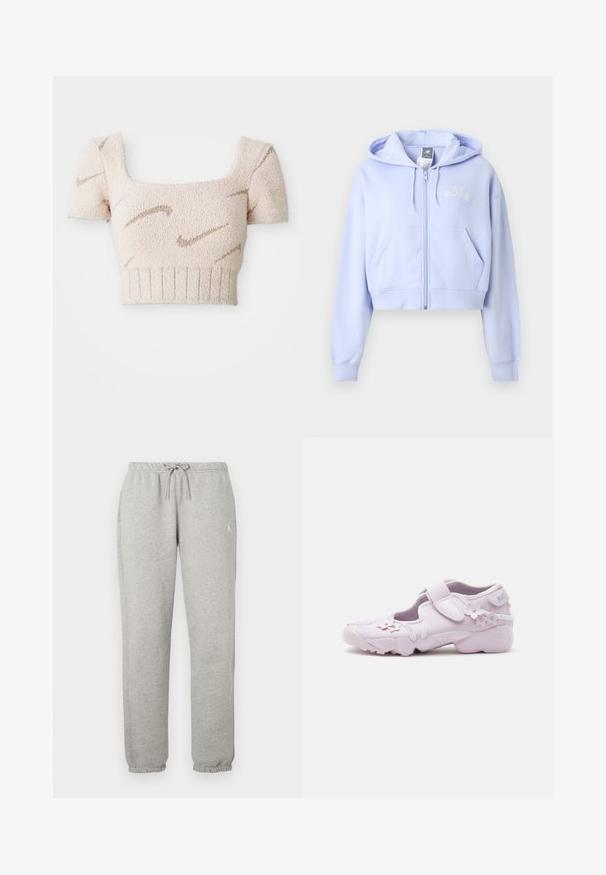Hellviolette kurze Kapuzenjacke mit Frontreißverschluss, Kängurutaschen, Kordelzug an der Kapuze und kleinem "New Balance"-Logo auf der linken Brust.; Kurzes, ärmelloses Oberteil aus weichem, strukturiertem Stoff. Hellrosa Farbe mit braunen, wellenförmigen Mustern. Quadrat-Ausschnitt und gerippter Saum.; Hellegraue Jogginghose mit elastischem Bund, Kordelzug, seitlichen Taschen, umgeschlagenen Knöcheln und kleinem weißen Logo am Oberschenkel.; Hellrosa Sneaker mit Klettverschluss, floralen Verzierungen und gepolsterter Sohle, entworfen für Freizeitkleidung und Komfort.