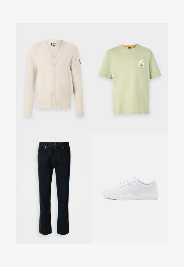 Cardigan beige avec un col en V, des poignets et un ourlet côtelés. Présente six boutons sur le devant et une poche latérale. Fabriqué en tissu tricoté.; T-shirt en coton vert clair avec un col rond, des manches courtes et un logo blanc imprimé sur une poche poitrine. Texture lisse et coupe décontractée.; HUGO JONAH - Jean droit - dark blue; Baskets blanches en cuir avec une texture lisse, bout rond et coutures tonales. Possède des lacets bleus et un logo doré sur le côté.