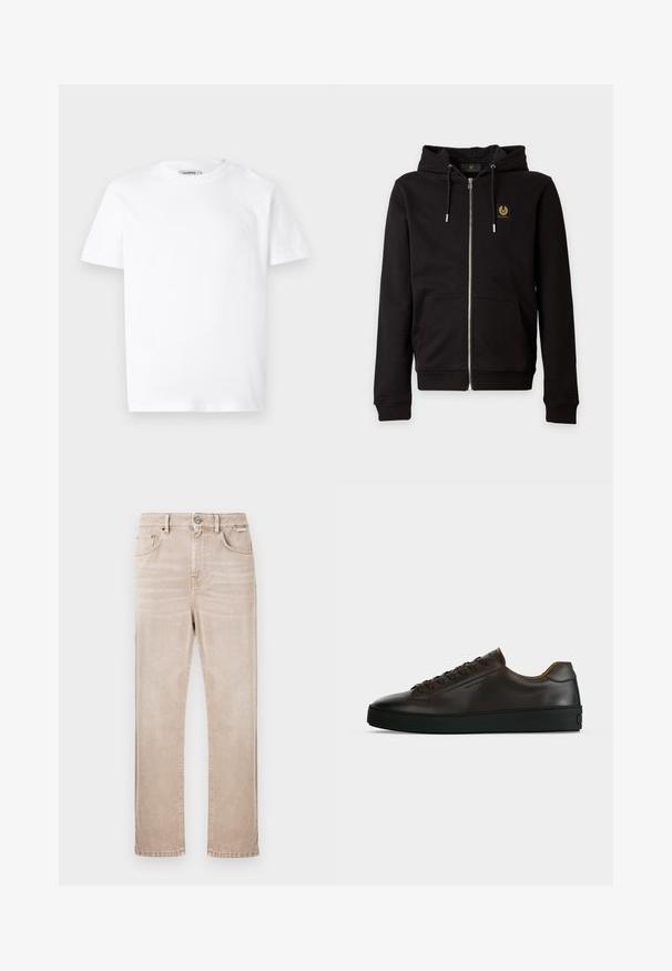 Sudadera negra con cremallera, bolsillos delanteros, capucha con cordón y pequeña etiqueta con logo en dorado y negro en el pecho izquierdo.; Camiseta blanca de algodón con cuello redondo y mangas cortas. Presenta un pequeño logo en relieve en el lado izquierdo del pecho. Textura suave.; Vaqueros beige de mezclilla con corte de pierna recta, cinco bolsillos y cierre frontal de botones. Presentan un sutil desgastado y detalles de costura.; Zapatilla de perfil bajo de cuero marrón oscuro con suela de goma negra, cierre de cordones y diseño liso y minimalista sobre un fondo claro.