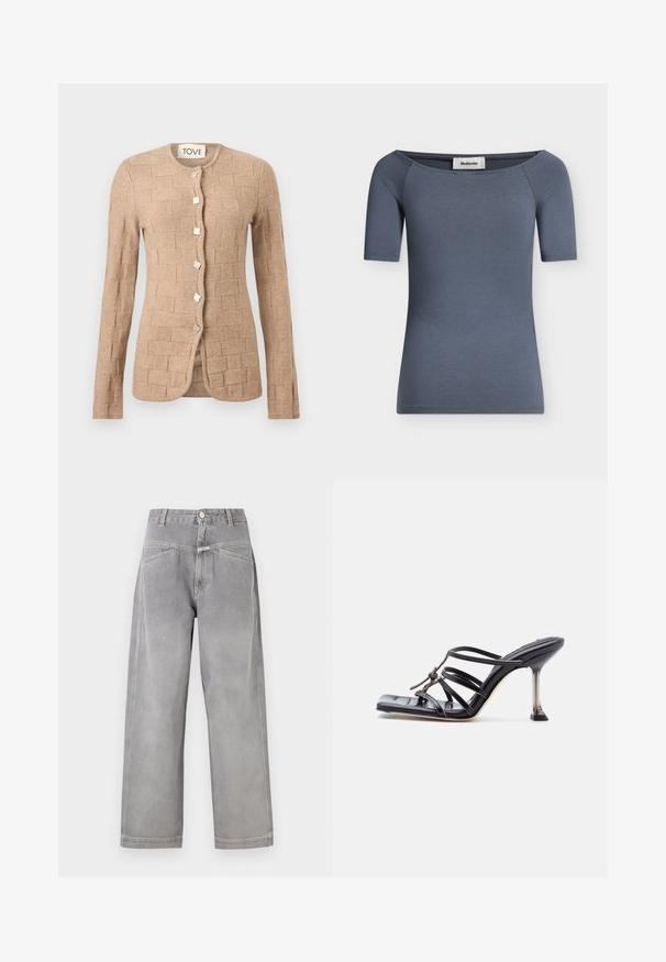 Cardigan beige manches longues en tricot avec un motif en brique texturé, encolure ronde, et cinq boutons carrés métalliques sur le devant.; Top femme ajusté à manches courtes en gris foncé avec un large décolleté légèrement tombant sur l'épaule et une étiquette de marque visible à l'intérieur du col.; Jean denim gris à jambe large et taille haute avec poches avant, passants pour ceinture, fermeture à bouton et détails de couture visibles.; Sandale à talon haut noire avec brides fines, bout carré et talon stiletto mince, présentant des brides qui se croisent et un nœud décoratif sur le dessus.