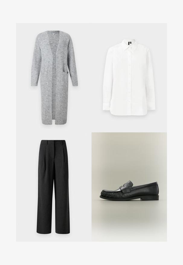 Object Knitted Long - Gilet - medium grey melange; Chemise blanche à manches longues avec boutons, col pointu, poignets standards et ourlet droit sur fond clair uni.; Pantalons noirs à jambes larges en tissu texturé, dotés de plis avant et d'une taille ajustée, conçus pour une coupe décontractée.; Mocassin penny en cuir noir avec détail plissé au bout et talon bas empilé, vu de côté sur un fond neutre.