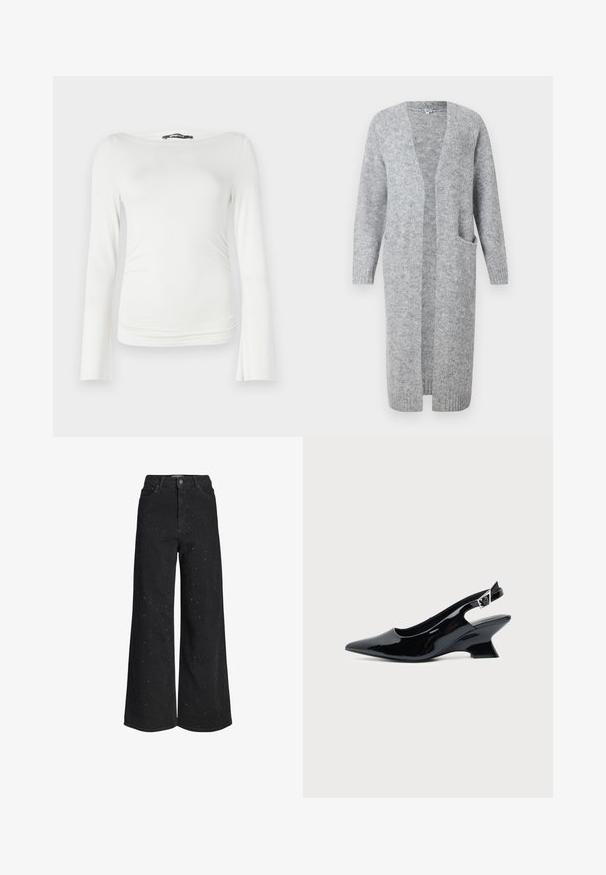 Object Knitted Long - Chaqueta de punto - medium grey melange; Top blanco de manga larga hecho de una tela suave con un silueta ajustada, que cuenta con un amplio escote barco y un sutil fruncido en la cintura.; Jeans negros de talle alto y pierna ancha con sutiles adornos brillantes y clásico diseño de cinco bolsillos.; Zapato slingback de cuero charol negro con puntera puntiaguda y tacón bajo en bloque inclinado sobre fondo claro liso.