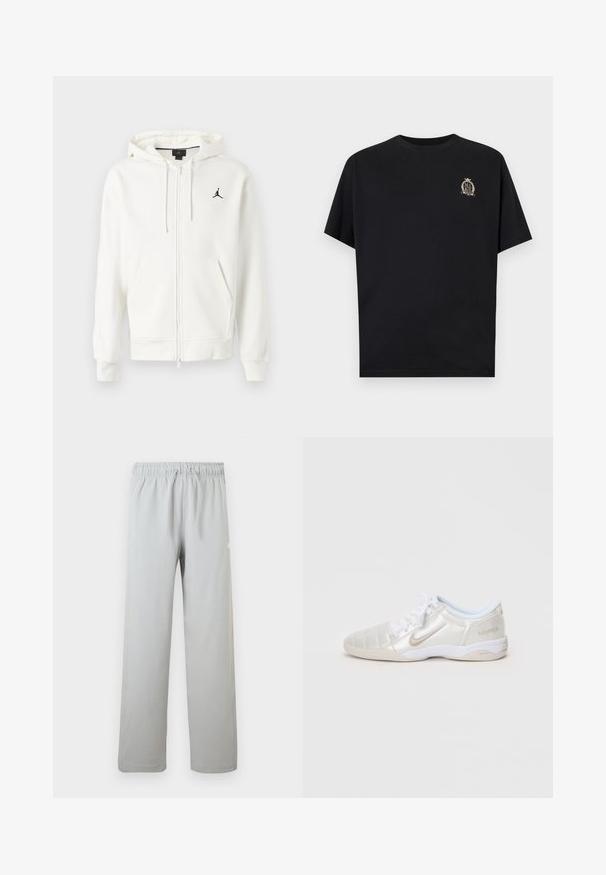 Sudadera blanca con cremallera, capucha, bolsillos frontales, cordones y pequeño logo negro de Jumpman en el lado izquierdo del pecho.; Camiseta negra de manga corta con pequeño logo de escudo beige en el lado izquierdo del pecho, que incluye la palabra "NIKE" dentro de un diseño de laureles y corona.; Pantalones casual gris claro con cintura elástica y cordón, pierna recta, aptos para uso diario.; Zapatillas deportivas plateadas claras con un upper liso y brillante, paneles cosidos, cordones blancos y acentos beige en el talón y el logo.