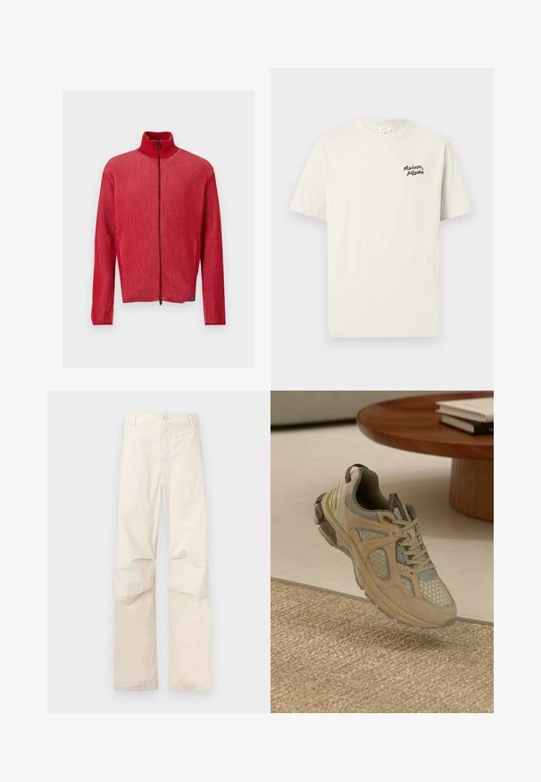 Rød ribstrikket trøje med lynlås, høj krave og lange ærmer, vist mod en ensartet lys baggrund.; Off-white kortærmet t-shirt med rund hals og lille sort "Maison Kitsuné" tekst på venstre bryst.; Beige bukser med lige ben, knap og lynlås foran, lagt fladt ud på en neutral baggrund.; Beige og grå atletiske sneakers med mesh- og ruskindsdetaljer, svævende over et vævet tæppe ved siden af et trækaffebord med bøger.