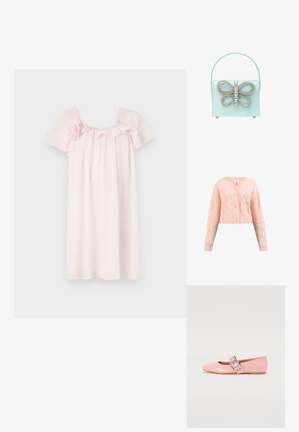Lyserød strikket cardigan med V-udskæring, kabelstrik mønster og broderede blomsterdetaljer. Har fire knapper og ribbede manchetter og kant.; Lyserød kjole lavet af blødt stof, med puffede ærmer, en flæset halsudskæring og blomstermotiver på den ene skulder.; Lyserøde patentlæder balletflade sko med firkantet tå, spænde detalje og flad gummisål. Glat tekstur hele vejen igennem.; Mintgrøn satin håndtaske med et sommerfugl-motiv, udsmykket med klare perler. Har et rundt håndtag og metalfødder for stabilitet.