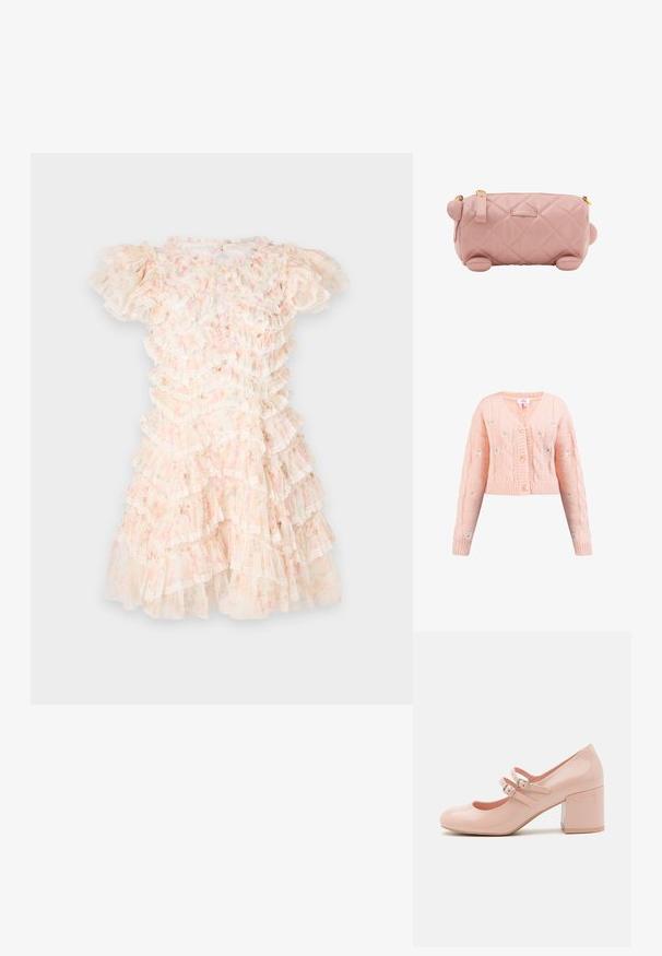 Cárdigan de punto rosa con escote en V, patrón de punto trenzado y adornos florales bordados. Presenta cuatro botones y puños y dobladillo acanalados.; Vestido con estampado floral en rosa pastel y crema, con volantes en capas y detalles de encaje. Mangas cortas abullonadas y escote redondo.; Zapatos de tacón alto de charol rosa con punta redondeada, dos correas ajustables con hebilla y un tacón bloque transparente y grueso.; Bolso de piel sintética acolchada en color rosa con extremos redondeados, detalles de hardware dorado y una pequeña etiqueta de marca. Textura suave con un aspecto delicado.
