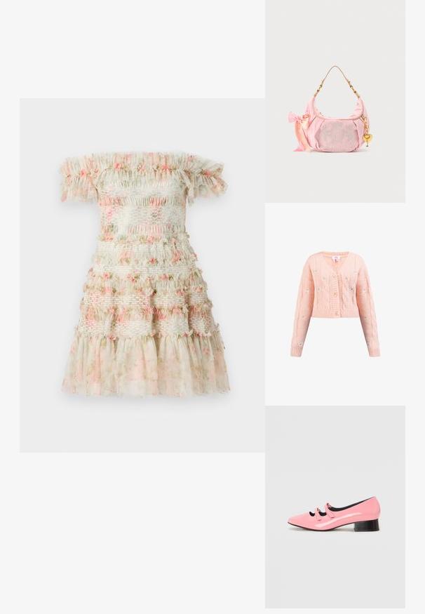 Lyserød strikket cardigan med V-udskæring, kabelstrik mønster og broderede blomsterdetaljer. Har fire knapper og ribbede manchetter og kant.; Off-the-shoulder kjole i lys creme med lagdelte flæser og pink blomsterdetaljer. Har smockede elastiske bånd for et struktureret look.; Rosa patenteret lædersko med spids tå og to dekorative remme. Har en sort lav blokhæl og en glat overfladetekstur.; Pink Juicy Couture fløjls skuldertaske med guldkæde, hjerteformet nøglevedhæng, broderet logo og pink satin sløjfe detalje.