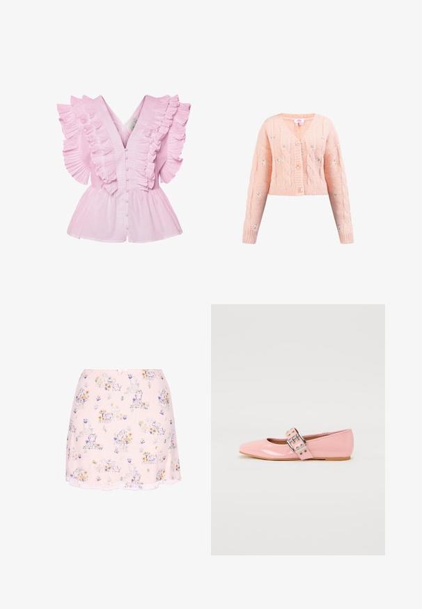Lyserød strikket cardigan med V-udskæring, kabelstrik mønster og broderede blomsterdetaljer. Har fire knapper og ribbede manchetter og kant.; Lyserød bluse med flæsekantede ærmer og V-udskæring. Den har knaplukning foran og en tætsiddende bodice, der udvides til en peplum-stil.; Lyserød nederdel med små lilla, orange og gule blomster på, samt legende katte illustrationer spredt ud over stoffet.; Lyserøde patentlæder balletflade sko med firkantet tå, spænde detalje og flad gummisål. Glat tekstur hele vejen igennem.