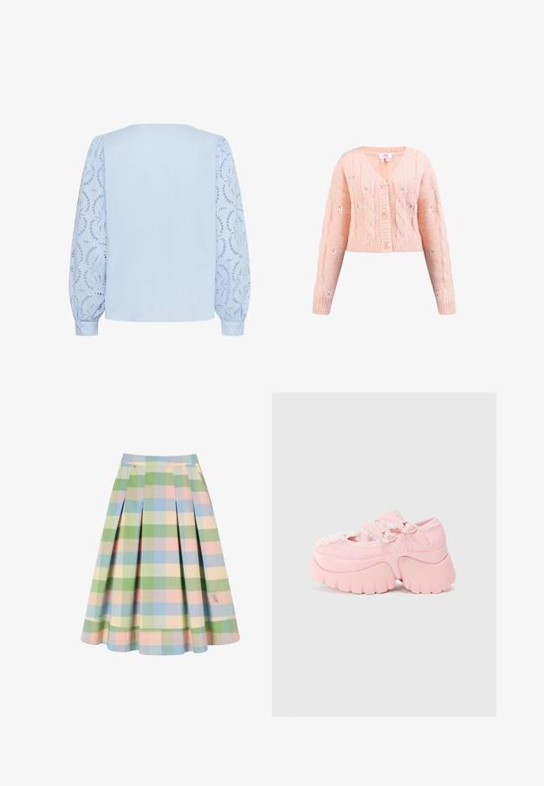 Cárdigan de punto rosa con escote en V, patrón de punto trenzado y adornos florales bordados. Presenta cuatro botones y puños y dobladillo acanalados.; Blusa azul claro con panel trasero sólido y mangas largas abullonadas de encaje con patrones circulares de flores recortadas y puños con botones.; Falda midi plisada con patrón a cuadros en tonos pastel verde, azul, rosa y crema, con un pequeño personaje de dibujos animados bordado cerca del dobladillo.; Zapato de plataforma gruesa en color rosa con doble hebilla en forma de corazón, bordes de encaje y suela gruesa esculpida, sobre un fondo blanco liso.