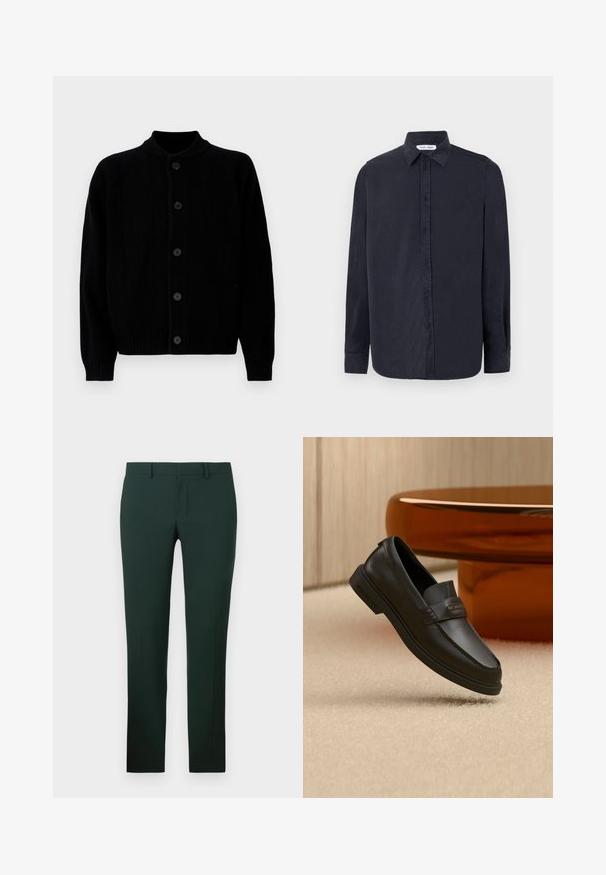 Mustra mustri mustertüüpi kardigan, millel on viis esist nuppu ja ümmargune kaelus, esitatud tasapinnal valge tausta vastu.; Samsøe Samsøe RYAN SHIRT - Pluus - salute; Tumed roheline püksid sirge sääre disainiga, valmistatud siledast kangast. Omab lamedat esipaneeli ja standardset vöökohta, millel on vööloopide jaoks augud.; Mustast nahast libiseva stiiliga king tikanditega, tõstetud krae ja lameda kummipõhjaga, asetatud pehme beeži pinna kohale.