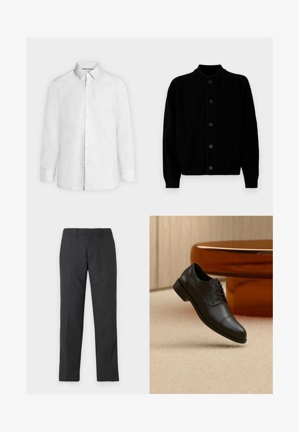Cárdigan de punto acanalado negro con cinco botones frontales y escote redondo, mostrado plano sobre un fondo blanco.; Camisa blanca de vestir de manga larga con cuello abierto y puños abotonados, mostrada de frente sobre un fondo liso gris claro.; Pantalones oscuros de corte ajustado en gris con una textura suave, piernas rectas, bolsillos frontales y pasadores para cinturón que permiten un ajuste regulable.; Zapato oxford formal de cuero negro con cordones, apareciendo flotando sobre una alfombra beige, con una mesa redonda marrón al fondo.