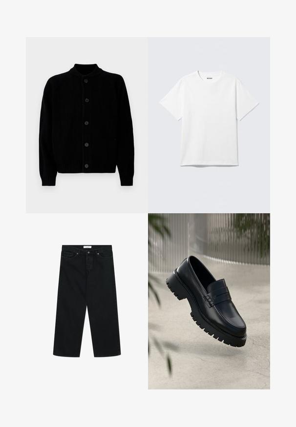 Sort ribbet strikket cardigan med fem frontknapper og rund halslinning, vist fladt mod en hvid baggrund.; Hvid kortærmet crewneck T-shirt lagt fladt ud, ensfarvet design, med "WEEKDAY" mærkat inde i kraven på en lys baggrund.; Sorte brede jeans i denimstof, der har en frontal knaplukning, bæltesløjfer og lommer. Glat tekstur, minimalistisk design.; Sorte læder loafers med en chunky sål, der har en dekorativ rem og syninger. Glat tekstur med en poleret overflade.
