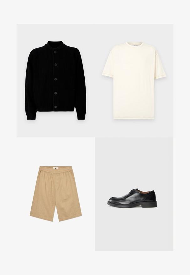 Cardigan noir en tricot côtes avec cinq boutons avant et un col rond, présenté à plat sur un fond blanc.; T-shirt à manches courtes de couleur blanc cassé uni avec col rond et coutures apparentes sur les épaules et les manches, sur un fond gris clair.; Shorts en coton beige avec une taille élastique, deux poches latérales et une coupe décontractée. Le tissu a une texture subtile.; Chaussure de ville en cuir noir avec un bout arrondi, surface lisse, détails en dentelle et une semelle en caoutchouc texturée basse. Lignes épurées et design minimal.