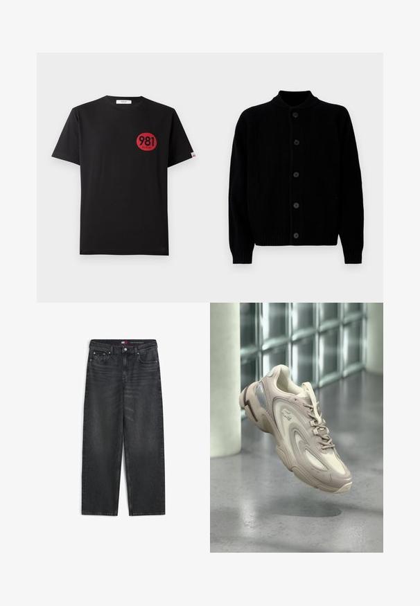Sort ribbet strikket cardigan med fem frontknapper og rund halslinning, vist fladt mod en hvid baggrund.; Sort bomulds T-shirt med korte ærmer, der har et rødt cirkulært print, som inkluderer tallene "981" og ordet "REPLAY."; Sorte jeans med lige ben, fem lommer, knaplukning og diskret falmning på frontlårene.; Lysebeige sneaker med et elegant design, teksturerede overlays, en polstret sål og en gennemsigtig sektion på siden.