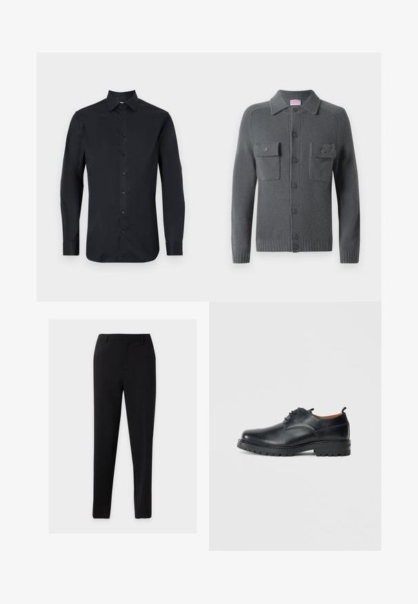 Grijze gebreide cardigan met een knoopsluiting aan de voorkant, twee borstzakken en een kraag. Ribgebreide manchetten en zoom. Zachte textuur.; Zwarte longsleeve shirt van gladde stof, met een klassieke kraag, sluiting aan de voorkant met knopen en knoopmanchetten.; Zwarte slim-fit formele broek met riemlussen en een strakke voorkant, getoond tegen een effen lichte achtergrond.; Zwarte leren derby schoenen met een gladde textuur, ronde neus, vetersluiting en een dikke, robuuste rubberen zool.