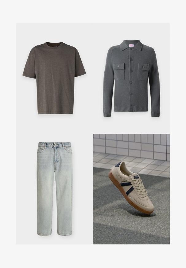 Sivý pletený cardigan s predným zapínaním na gombíky, dvoma prednými vreckami a golierom. Rybko tkané manžety a lem. Mäkká textura.; Krátky rukáv T-shirt v tmavosivej farbe s textúrovaným, rebrovaným vzorom. Kolo výstrih a uvoľnený strih, vyrobený z mäkkej bavlny.; Svetlomodré džínsy s pohodlným strihom, rovnými nohavicami a mierne vyblednutým vzhľadom. Majú päť vreciek a prešitý detail.; Béžové tenisky s textúrovaným povrchom, námorníckymi pruhmi a gumovou podrážkou. Obsahujú polstrovaný jazyk a tradičný šnurovací systém pre bezpečné prispôsobenie.