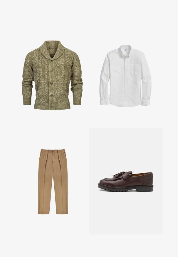 Cardigan en tricot câblé vert olive avec col châle, poignets et ourlet côtelés, et cinq boutons marron à l'avant.; Chemise blanche à manches longues, en coton, avec une poche sur la poitrine gauche, un ourlet arrondi et des poignets à boutons.; Pantalons beiges ajustés avec une coupe droite, dotés de pinces à l'avant, d'une fermeture à un bouton et de poches latérales. Texture de tissu lisse.; Zign by Zalando Mocassins de ville - brown