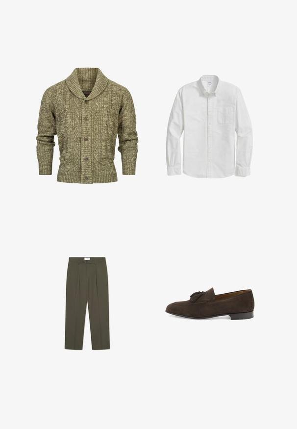 Olijfgroen kabelgebreide cardigan met sjaalkraag, geribbelde manchetten en zoom, en vijf bruine knopen aan de voorkant.; Witte lange mouwen overhemd met knopen, gemaakt van katoen, met een zak op de linkerkant van de borst, een afgeronde zoom en met knopen sluitende manchet.; Olijfgroene broek met verticale krijtstrepen, voorzien van een op maat gemaakte taille, plooien en een rechte pijp. Gladde textuur.; Donkerbruine suède herenloafer met kwastjes, lage hak en afgeronde neus, in profiel weergegeven op een witte achtergrond.